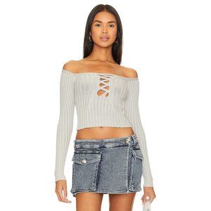 NBD Sansa Off Shoulder Sweater in Silver Grey knit long sleeve crop top